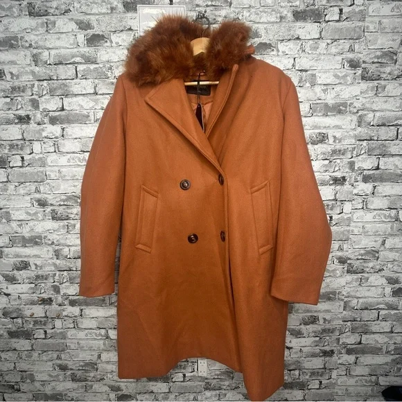 EUC XULIKU Women's Brown Double-Breasted Trench Coat Faux Fur Collar Size XXL - Picture 2 of 16